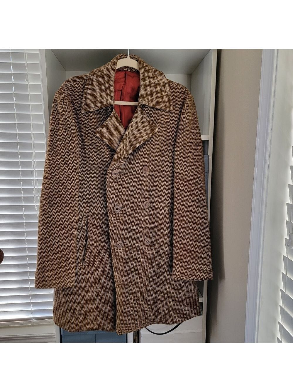 Vintage Herringbone Wool Coat Double Breasted #2874